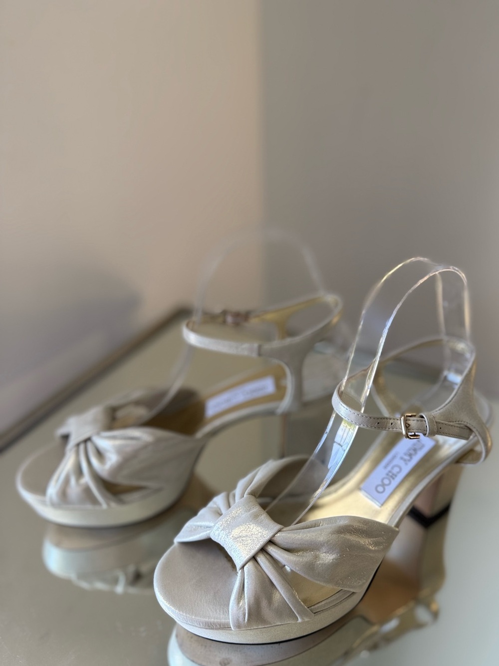 Like new Jimmy Choo Women’s Heloise 80 Shimmer Suede Platform Sandals $1,050 - Picture 9 of 16